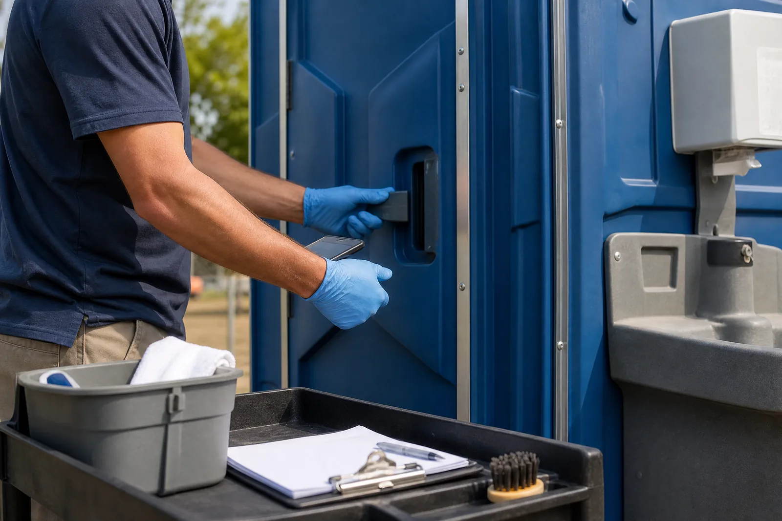 Clean portable restroom positioned beside a Denver outdoor gathering with open pedestrian access